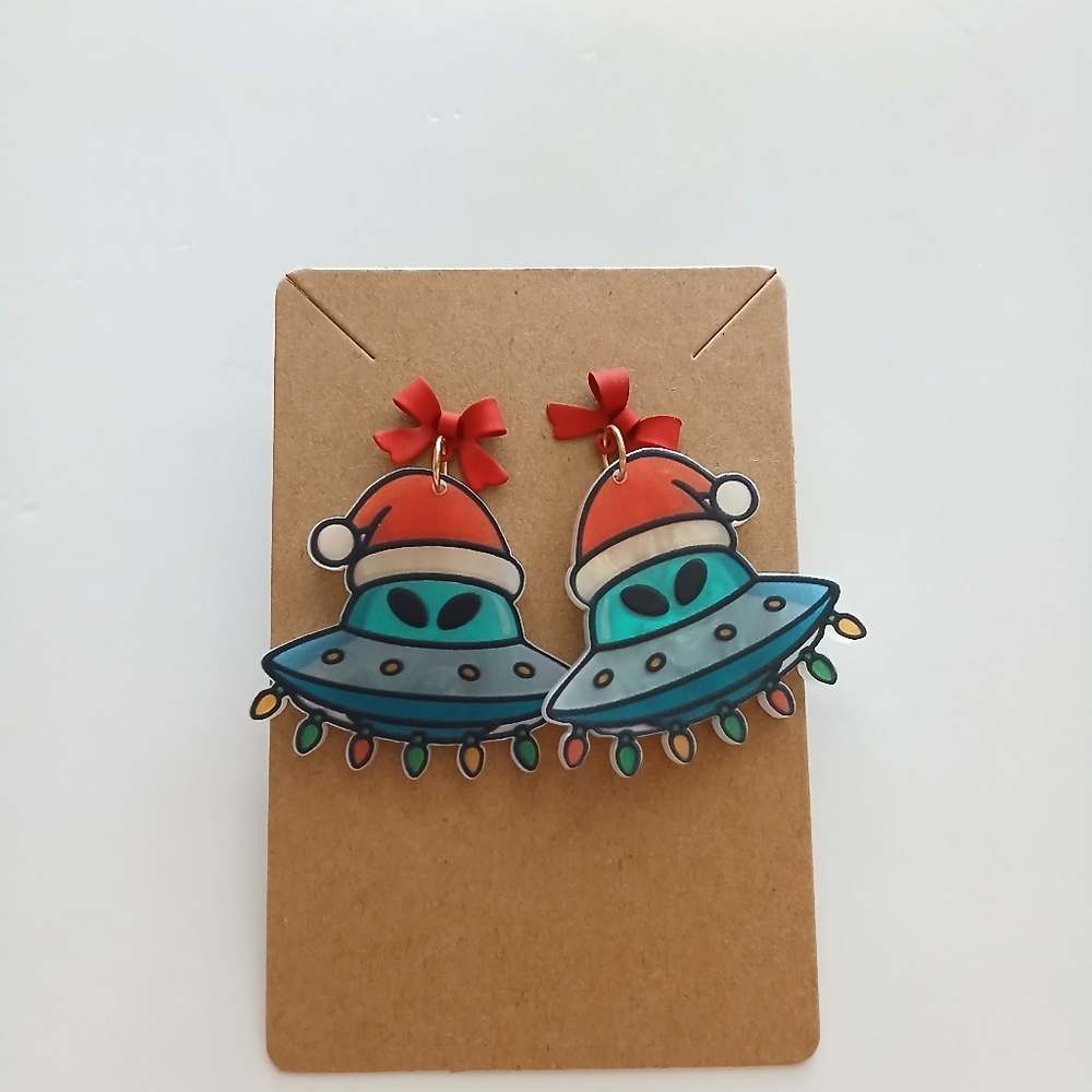 Festive UFO Earrings with Santa Hats - Picture 2 of 4